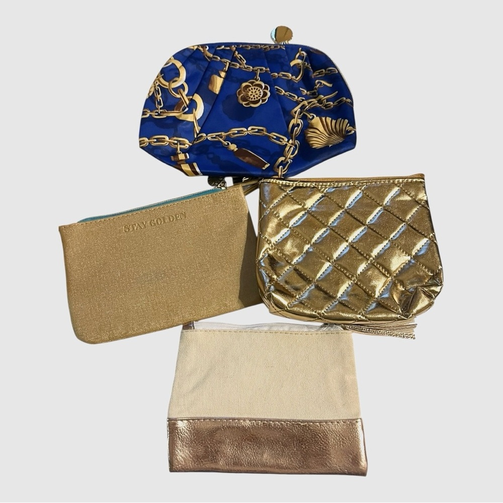 Makeup cosmetic zip Bag 4 pc set  blue gold metallic fringe neutral quilt travel